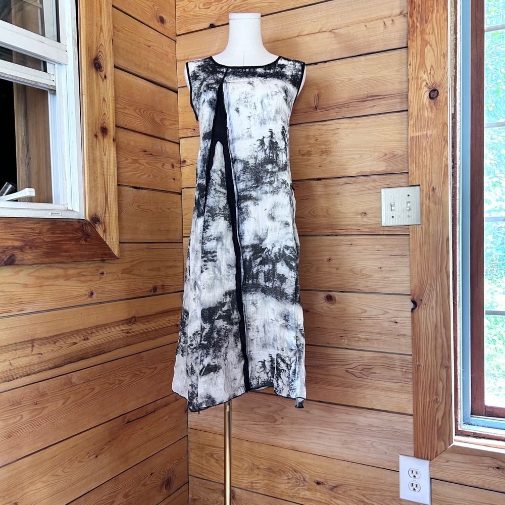 Midi Dress Women Large Black White Landscape Print Artsy Jeune Jeunesse